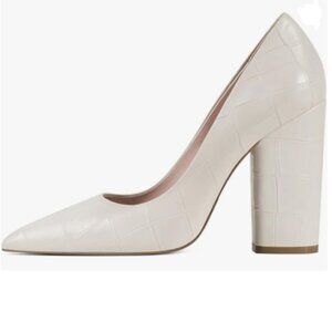 YDN White Basic Chunky High Heels Pumps Slip on Pointed Toe Block Stitching Shoe